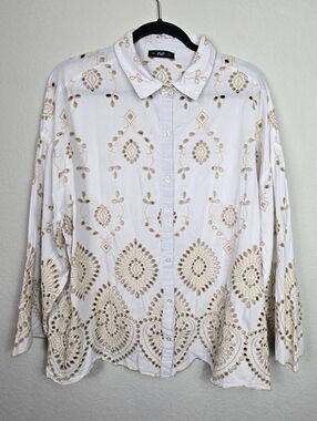 F&F Boho Embroidered White Cotton Button-Up Top with Scalloped Motif Size 14